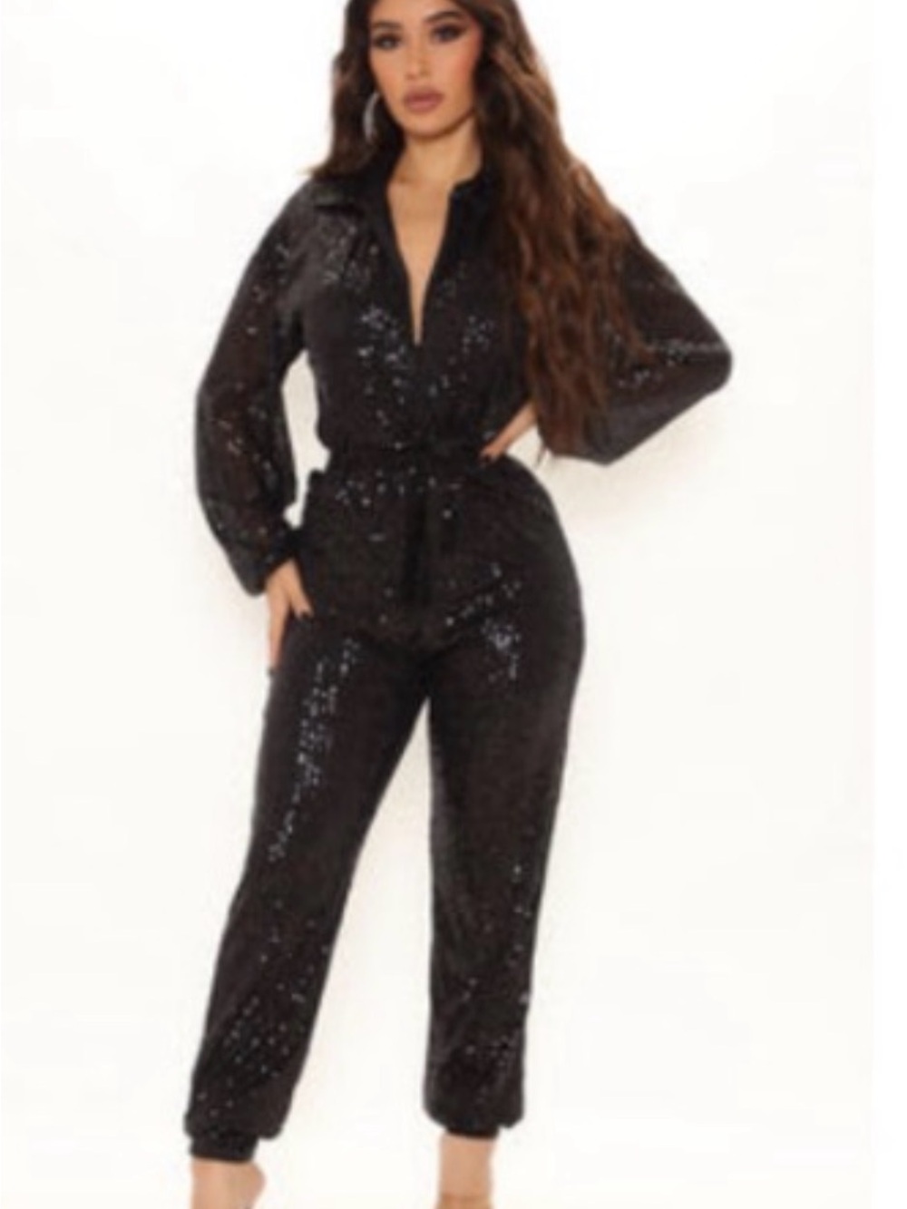 Fashion Nova Black Sequin Long-Sleeve Jumpsuit with Tie Waist